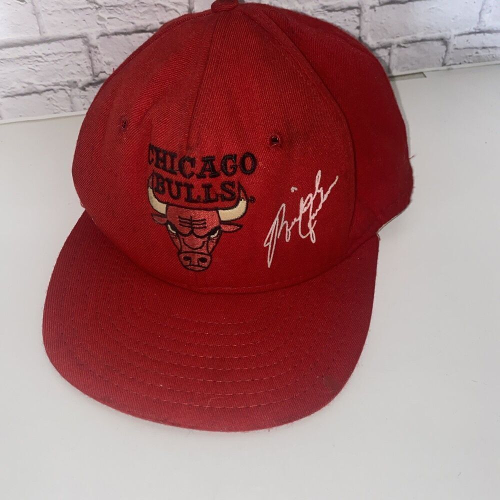 Vintage Chicago Bulls AJD Snapback Hat Red NBA Cap Michael Jordan Facsimile Sign